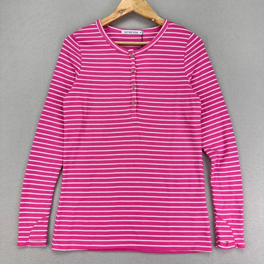 Michelle Mae Henley Shirt Womens Small Pink Striped Long Sleeve Thermal Soft NWT